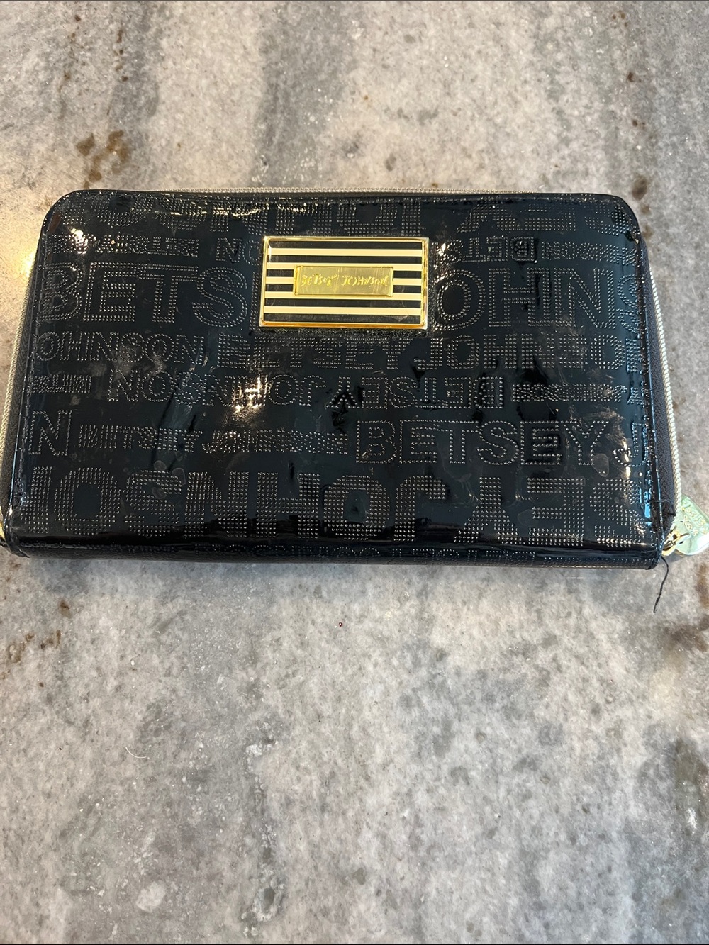 Betsey Johnson Black Patent Logo Zip-Around Wallet with Gold Plaque
